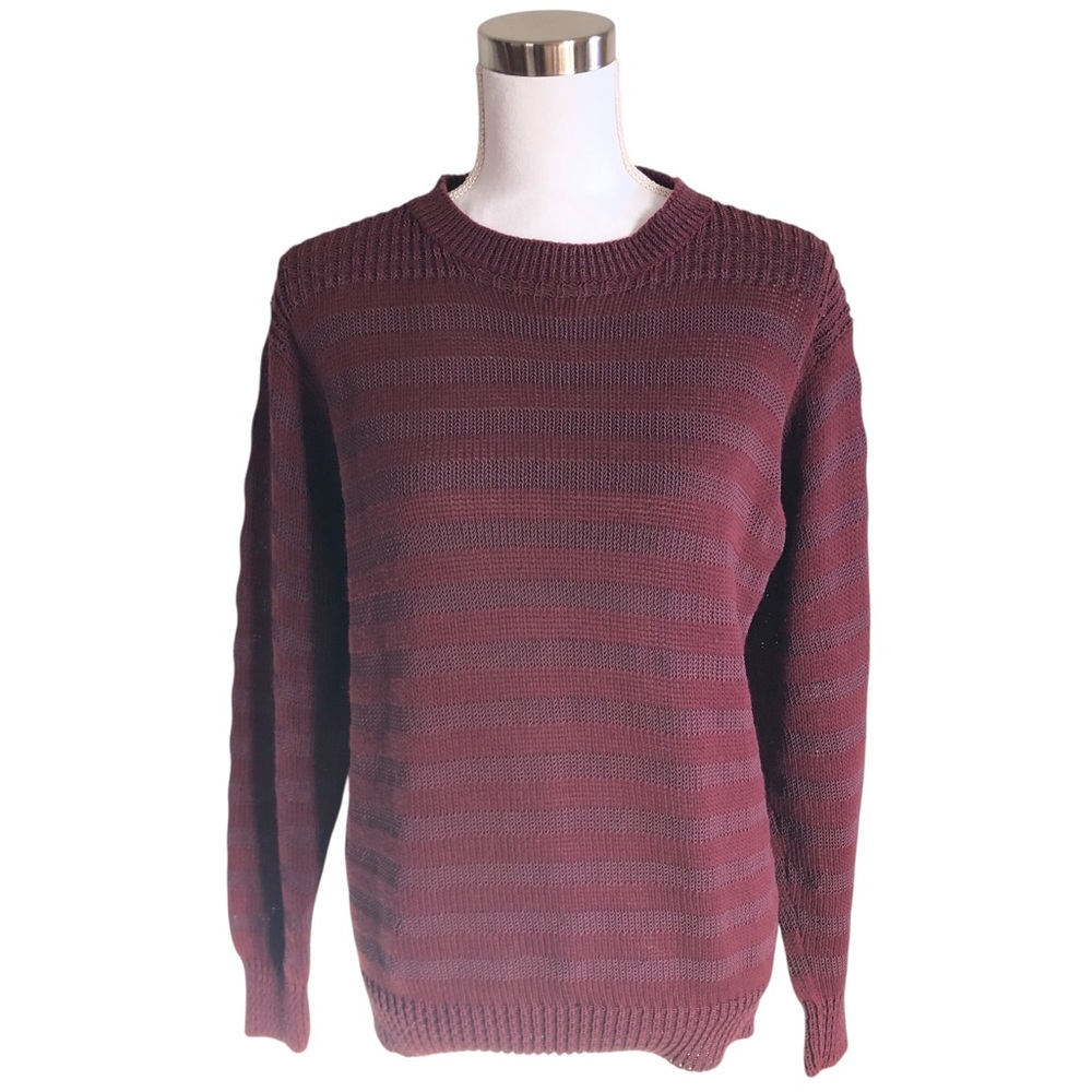 VINTAGE 80s Nancy Heller Burgundy Striped Cotton Nylon Crewneck Sweater Medium